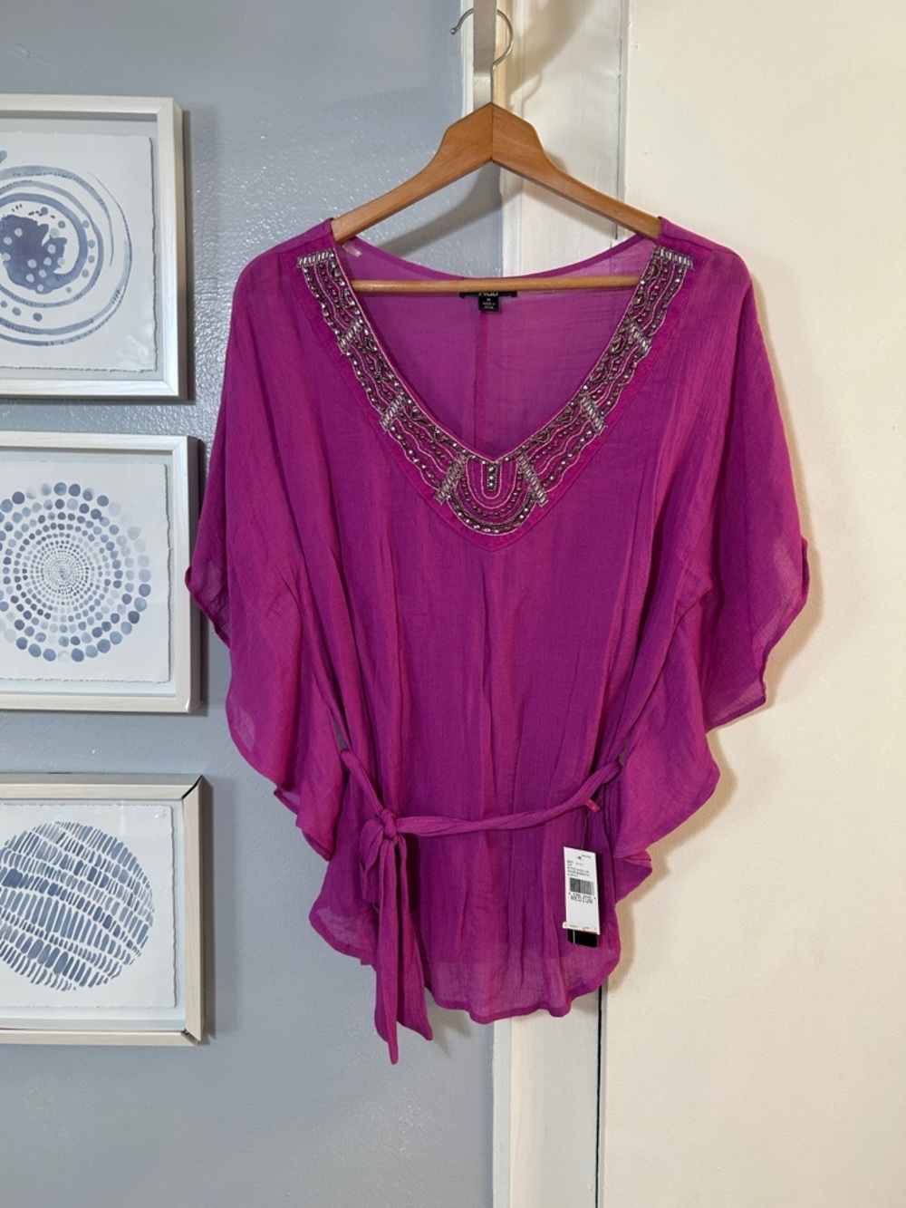AGB Women’s Beaded V-Neck Tie-Waist Tunic Top Purple Size M